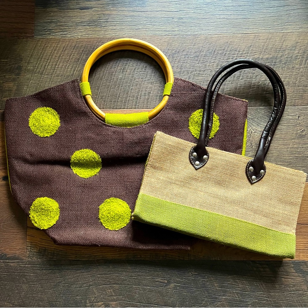 Jute Burlap Tote Bag Set Large w/ Wood Handles Small w/ Leather Handles NWOT